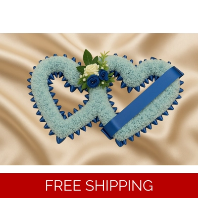 Double Blue Heart Funeral Tribute – Artificial Flowers with Royal Blue Ribbon